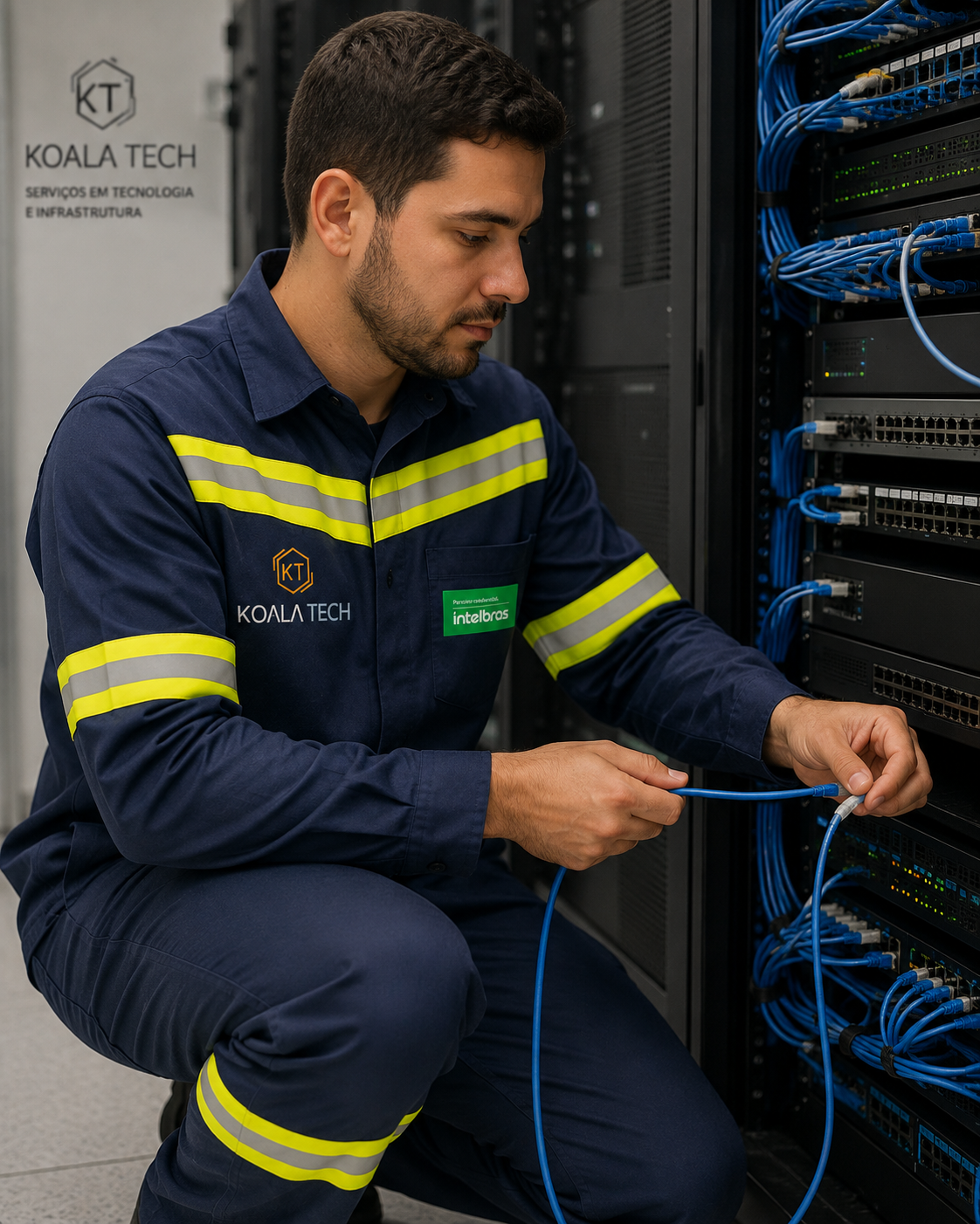 Técnico da Koala Tech organizando cabeamento em rack de rede